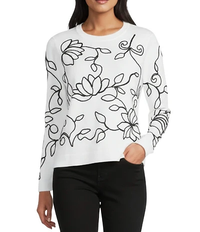 Leo & Nicole Fine Gauge Meringue Ribbed Crew Neck Long Sleeve Soutache Trim Sweater