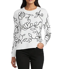 Leo & Nicole Fine Gauge Meringue Ribbed Crew Neck Long Sleeve Soutache Trim Sweater