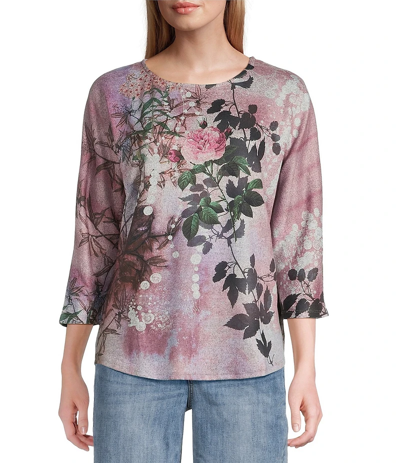 Leo & Nicole Hacci Knit Floral Fog Print Crew Neck 3/4 Dolman Sleeve Top