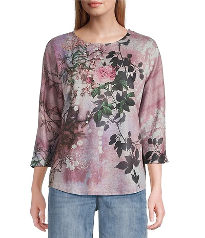 Leo & Nicole Hacci Knit Floral Fog Print Crew Neck 3/4 Dolman Sleeve Top