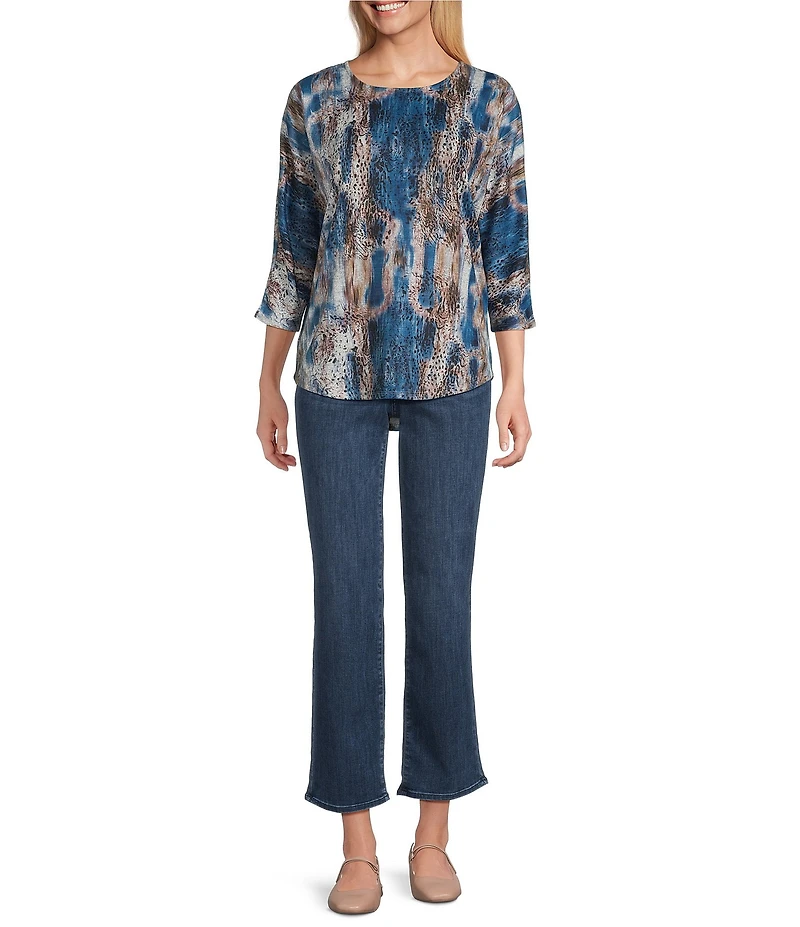Leo & Nicole Hacci Knit Marble Effect Print Crew Neck 3/4 Dolman Sleeve Top