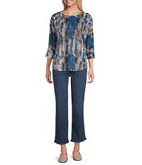 Leo & Nicole Hacci Knit Marble Effect Print Crew Neck 3/4 Dolman Sleeve Top