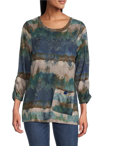 Leo & Nicole Hacci Knit Paisley All Works Print Crew Neck 3/4 Ruched Sleeve Top