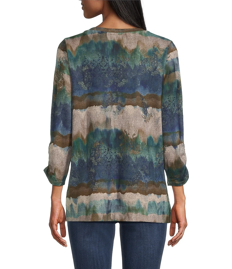 Leo & Nicole Hacci Knit Paisley All Works Print Crew Neck 3/4 Ruched Sleeve Top