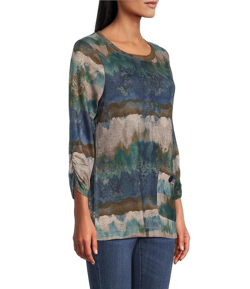 Leo & Nicole Hacci Knit Paisley All Works Print Crew Neck 3/4 Ruched Sleeve Top