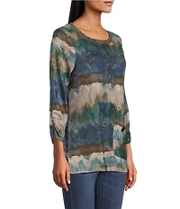 Leo & Nicole Hacci Knit Paisley All Works Print Crew Neck 3/4 Ruched Sleeve Top