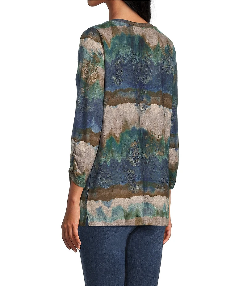 Leo & Nicole Hacci Knit Paisley All Works Print Crew Neck 3/4 Ruched Sleeve Top