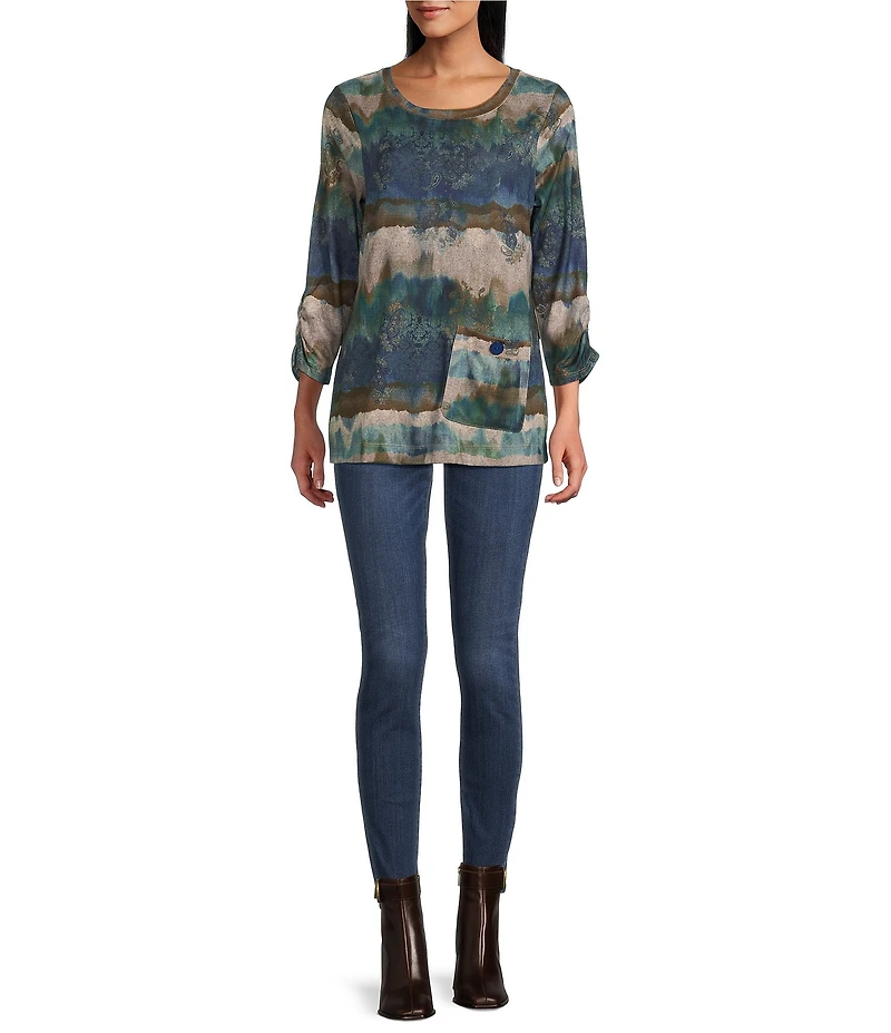 Leo & Nicole Hacci Knit Paisley All Works Print Crew Neck 3/4 Ruched Sleeve Top