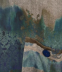 Leo & Nicole Hacci Knit Paisley All Works Print Crew Neck 3/4 Ruched Sleeve Top