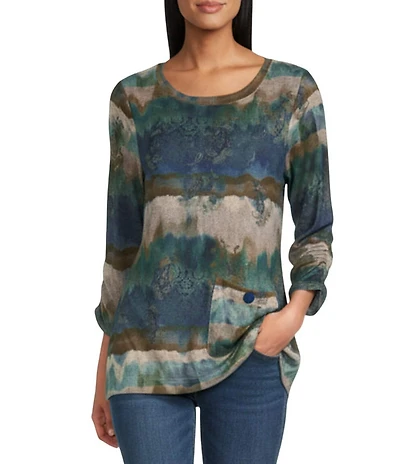 Leo & Nicole Hacci Knit Paisley All Works Print Crew Neck 3/4 Ruched Sleeve Top