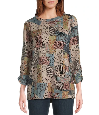 Leo & Nicole Hacci Knit Patchwork Whimsey Print Crew Neck 3/4 Ruched Sleeve Top