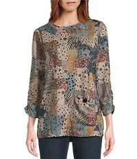 Leo & Nicole Hacci Knit Patchwork Whimsey Print Crew Neck 3/4 Ruched Sleeve Top