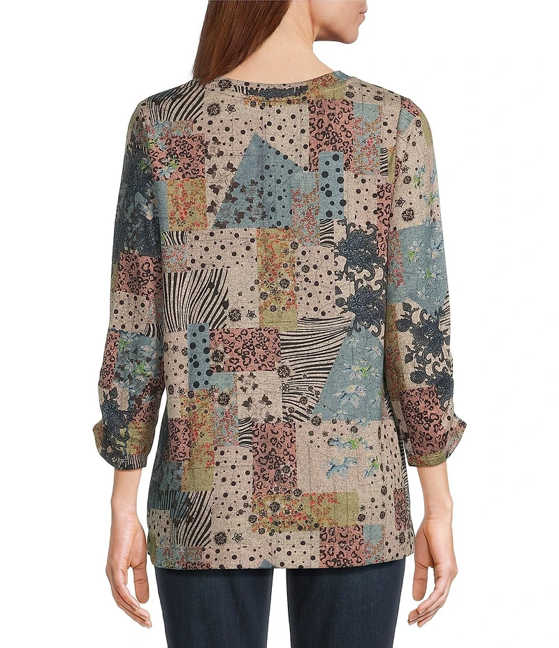 Leo & Nicole Hacci Knit Patchwork Whimsey Print Crew Neck 3/4 Ruched Sleeve Top