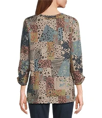Leo & Nicole Hacci Knit Patchwork Whimsey Print Crew Neck 3/4 Ruched Sleeve Top