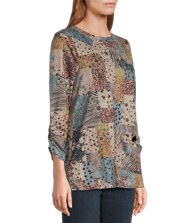 Leo & Nicole Hacci Knit Patchwork Whimsey Print Crew Neck 3/4 Ruched Sleeve Top