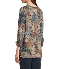 Leo & Nicole Hacci Knit Patchwork Whimsey Print Crew Neck 3/4 Ruched Sleeve Top