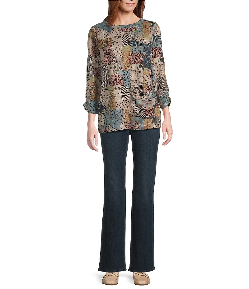 Leo & Nicole Hacci Knit Patchwork Whimsey Print Crew Neck 3/4 Ruched Sleeve Top
