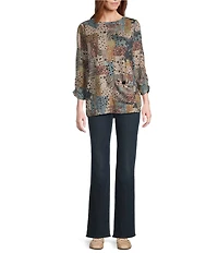 Leo & Nicole Hacci Knit Patchwork Whimsey Print Crew Neck 3/4 Ruched Sleeve Top