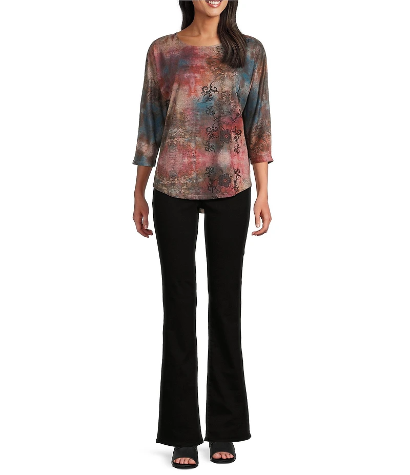 Leo & Nicole Hacci Knit Watercolor Confluence Print Crew Neck 3/4 Dolman Sleeve Top
