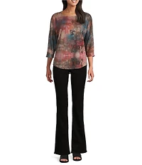 Leo & Nicole Hacci Knit Watercolor Confluence Print Crew Neck 3/4 Dolman Sleeve Top