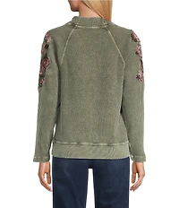 Leo & Nicole Petite Size Embroidered Mock Neckline Long Sleeve Waffle Acid Wash Top