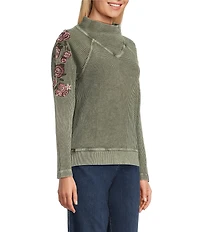 Leo & Nicole Petite Size Embroidered Mock Neckline Long Sleeve Waffle Acid Wash Top