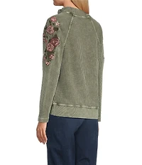 Leo & Nicole Petite Size Embroidered Mock Neckline Long Sleeve Waffle Acid Wash Top