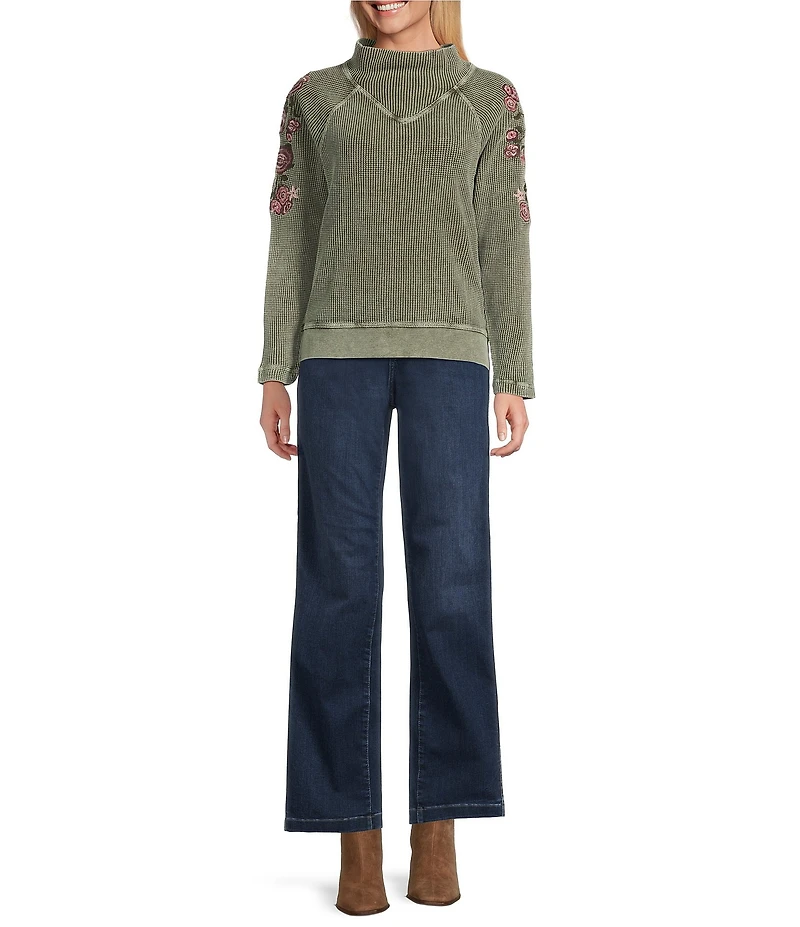 Leo & Nicole Petite Size Embroidered Mock Neckline Long Sleeve Waffle Acid Wash Top