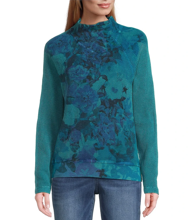 Leo & Nicole Petite Size Floral Mock Neck Long Sleeve Waffle Acid Wash Knit Top