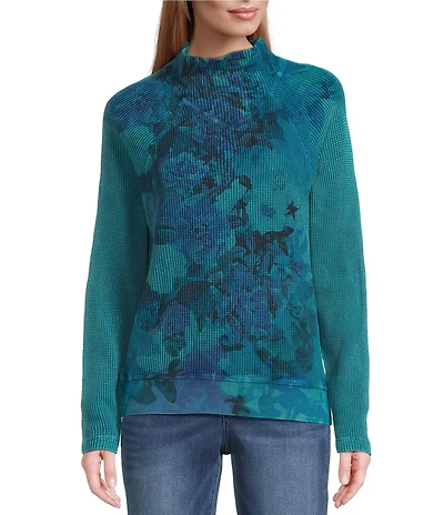 Leo & Nicole Petite Size Floral Mock Neck Long Sleeve Waffle Acid Wash Knit Top