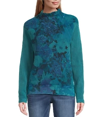 Leo & Nicole Petite Size Floral Mock Neck Long Sleeve Waffle Acid Wash Knit Top