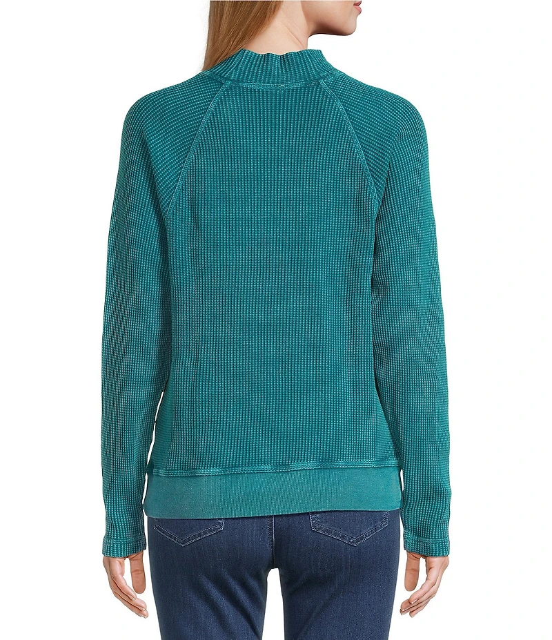 Leo & Nicole Petite Size Floral Mock Neck Long Sleeve Waffle Acid Wash Knit Top