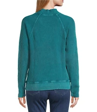 Leo & Nicole Petite Size Floral Mock Neck Long Sleeve Waffle Acid Wash Knit Top