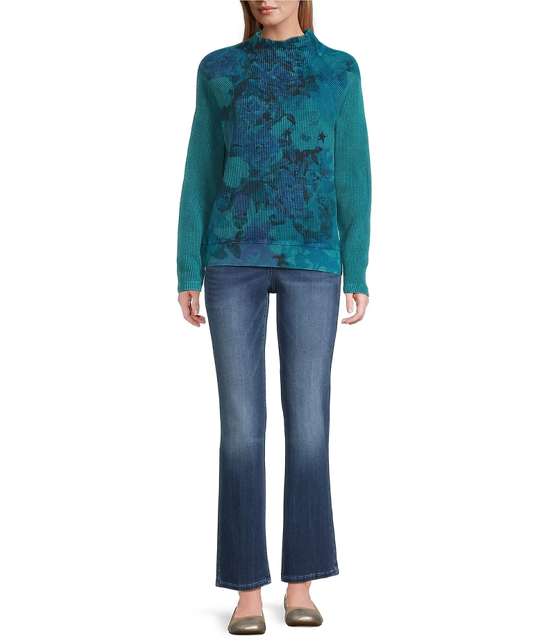 Leo & Nicole Petite Size Floral Mock Neck Long Sleeve Waffle Acid Wash Knit Top