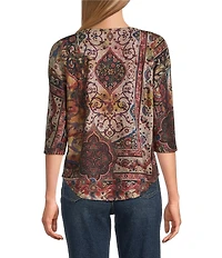 Leo & Nicole Petite Size Hacci Knit Floral Shoppe Print Crew Neck 3/4 Dolman Sleeve Top