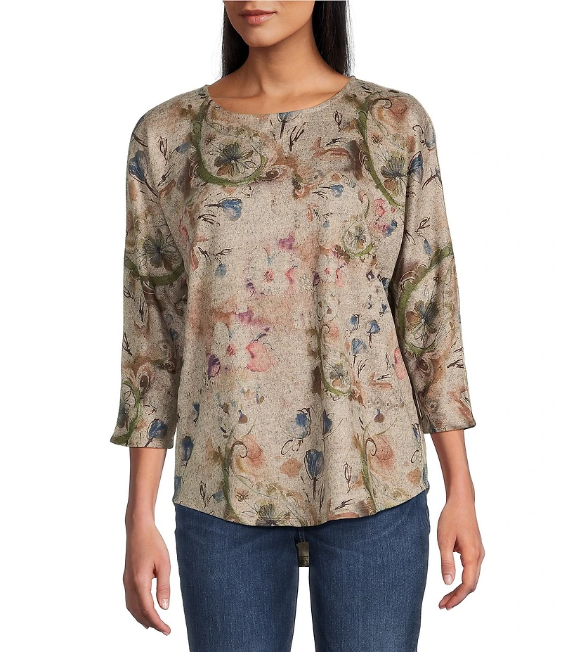 Leo & Nicole Petite Size Hacci Knit Paisley Bloom Print Crew Neck 3/4 Dolman Sleeve Top