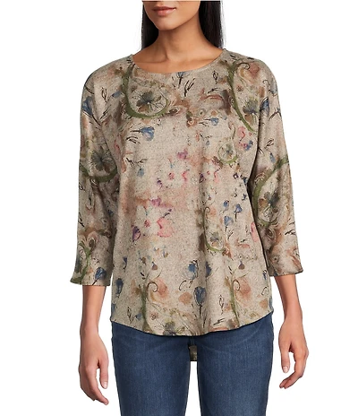 Leo & Nicole Petite Size Hacci Knit Paisley Bloom Print Crew Neck 3/4 Dolman Sleeve Top