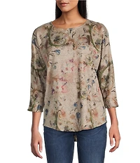Leo & Nicole Petite Size Hacci Knit Paisley Bloom Print Crew Neck 3/4 Dolman Sleeve Top