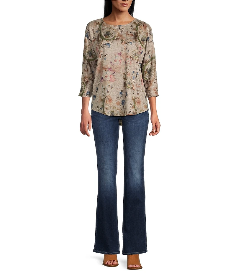 Leo & Nicole Petite Size Hacci Knit Paisley Bloom Print Crew Neck 3/4 Dolman Sleeve Top