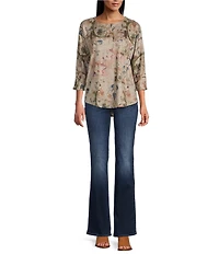 Leo & Nicole Petite Size Hacci Knit Paisley Bloom Print Crew Neck 3/4 Dolman Sleeve Top