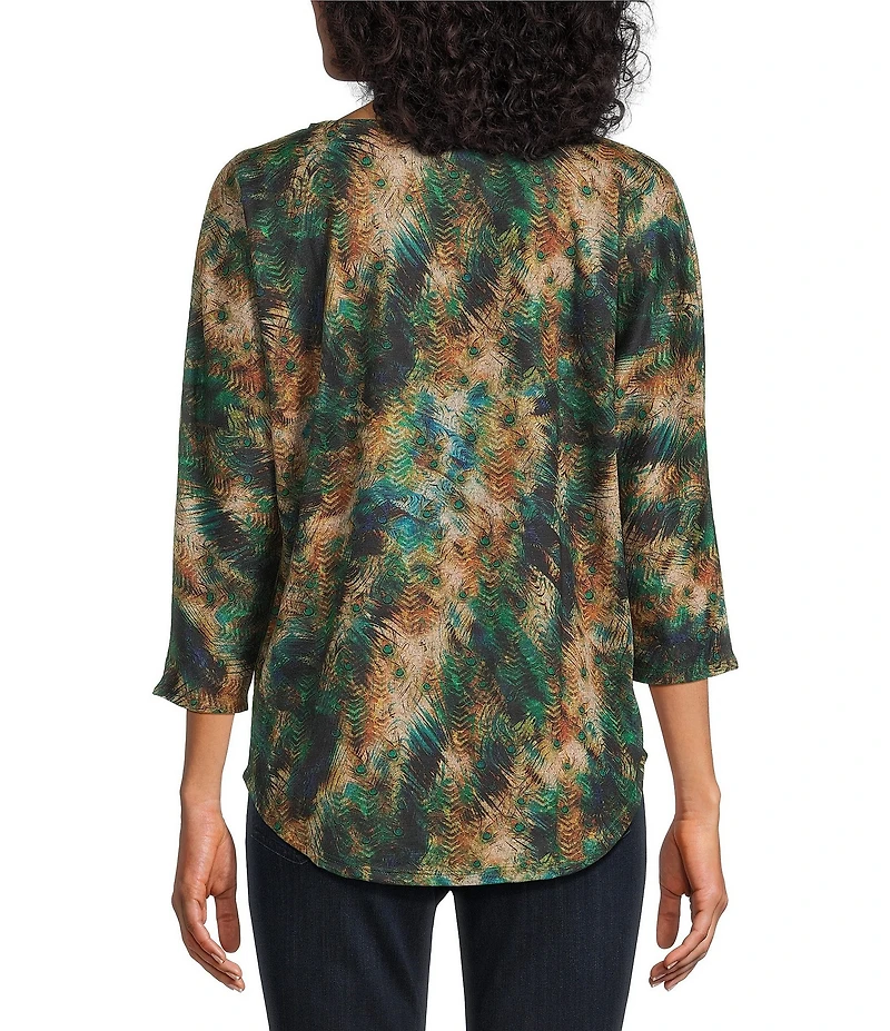 Leo & Nicole Petite Size Hacci Knit Peacock Express Print Crew Neck 3/4 Dolman Sleeve Top
