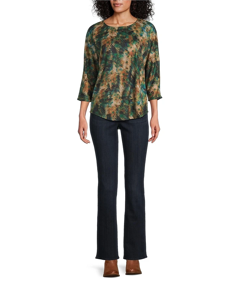 Leo & Nicole Petite Size Hacci Knit Peacock Express Print Crew Neck 3/4 Dolman Sleeve Top
