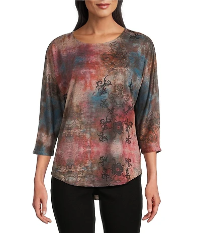 Leo & Nicole Petite Size Hacci Knit Watercolor Confluence Print Crew Neck 3/4 Dolman Sleeve Top