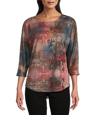 Leo & Nicole Petite Size Hacci Knit Watercolor Confluence Print Crew Neck 3/4 Dolman Sleeve Top