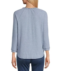 Leo & Nicole Petite Size Pointelle Knit Ruffle V-Neck 3/4 Sleeve Relaxed Tee