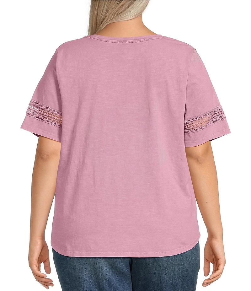 Leo & Nicole Plus Size Acid Wash Crew Neck Short Sleeve Crochet Trim Knit Tee