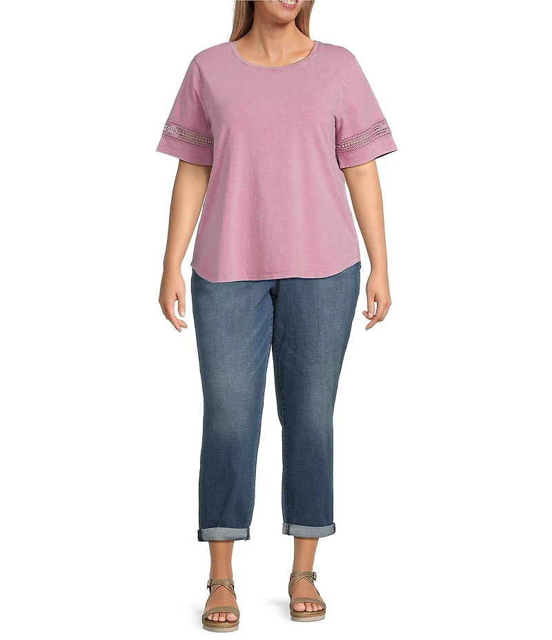 Leo & Nicole Plus Size Acid Wash Crew Neck Short Sleeve Crochet Trim Knit Tee