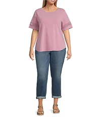 Leo & Nicole Plus Size Acid Wash Crew Neck Short Sleeve Crochet Trim Knit Tee