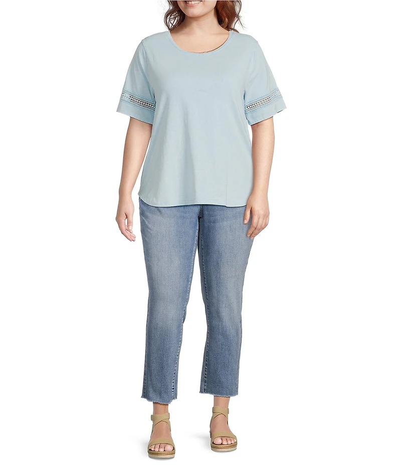 Leo & Nicole Plus Size Acid Wash Crew Neck Short Sleeve Crochet Trim Knit Tee