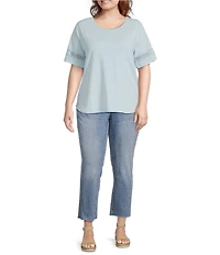 Leo & Nicole Plus Size Acid Wash Crew Neck Short Sleeve Crochet Trim Knit Tee